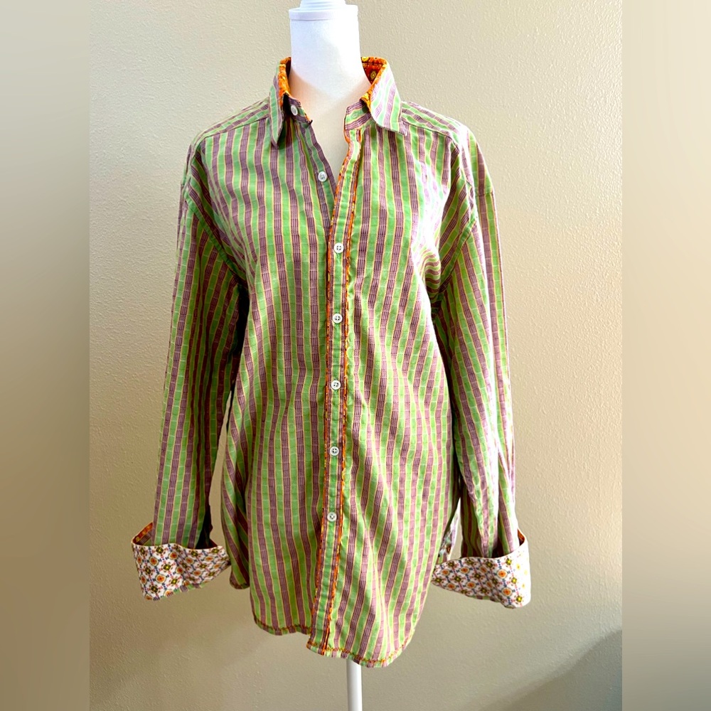 Robert Graham multi color striped shirt with green, purple & orange